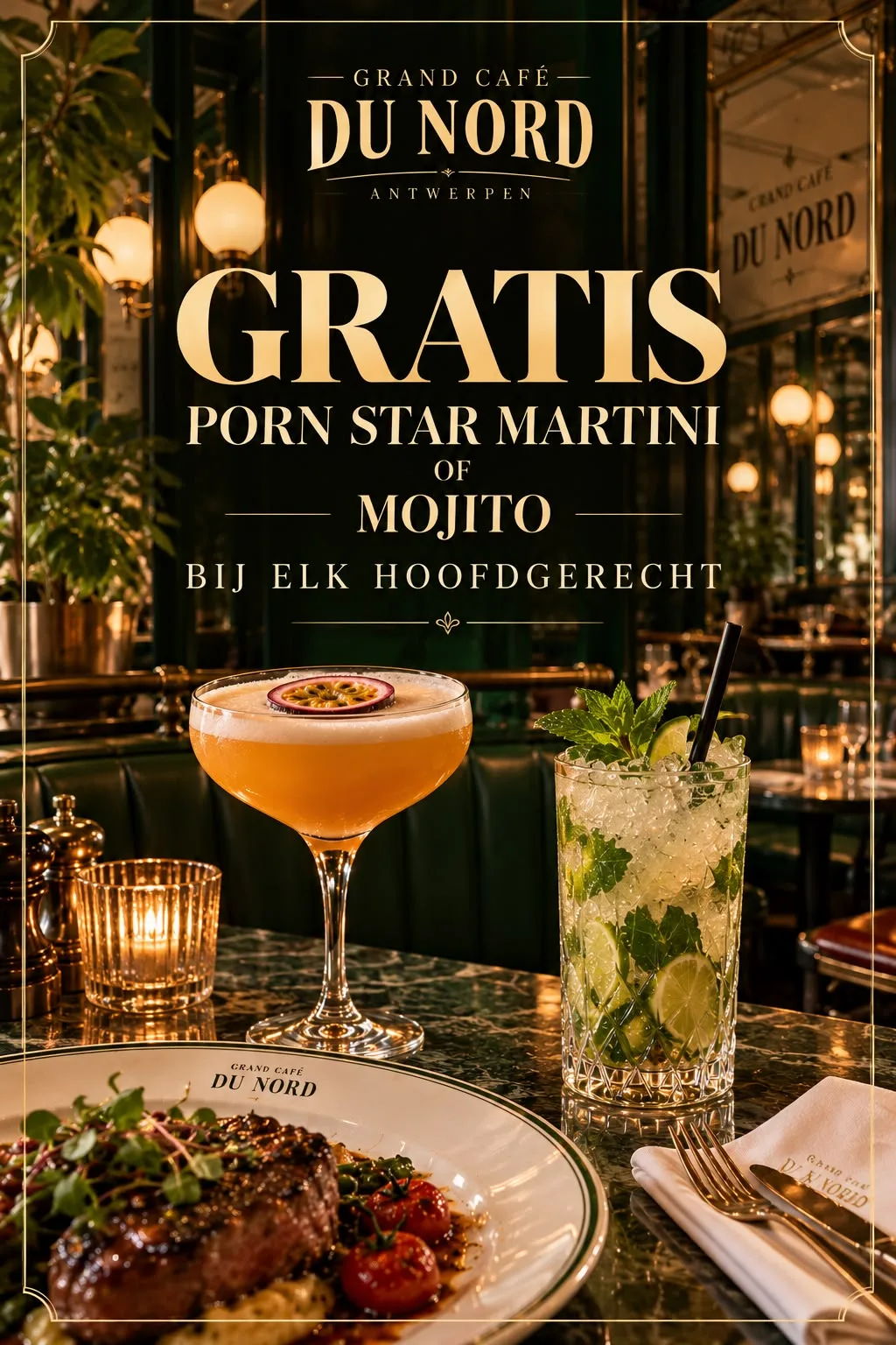 Pornstar Martini of Mojito gratis bij hoofdgerecht